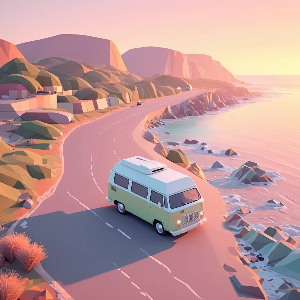 Low-poly 3d render of a camper van on a coastal…