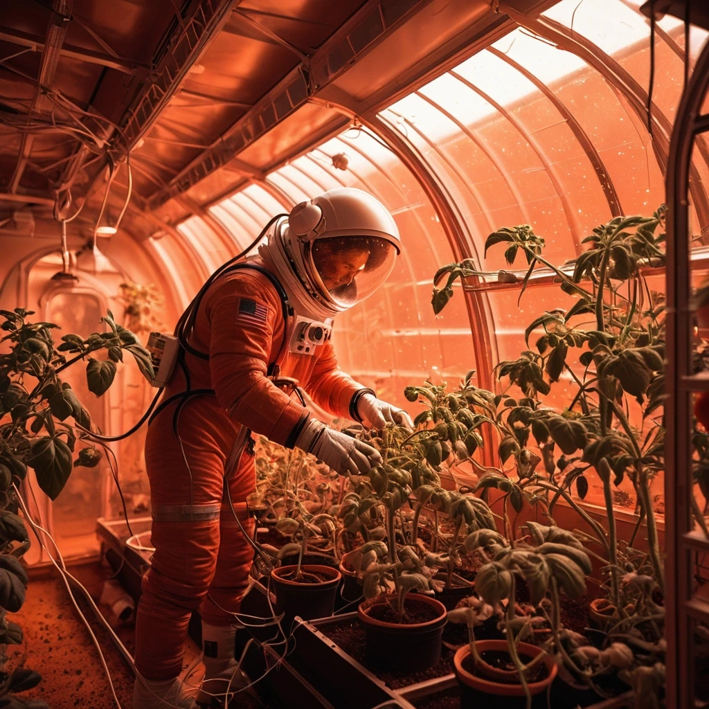 Astronaut tending tomato plants inside…