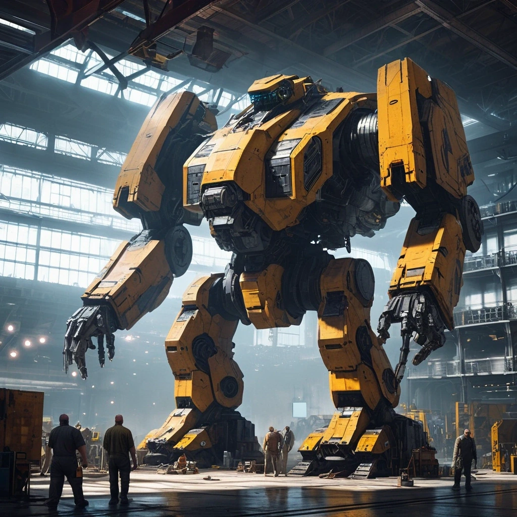Giant mech being repaired in a hangar by tiny…