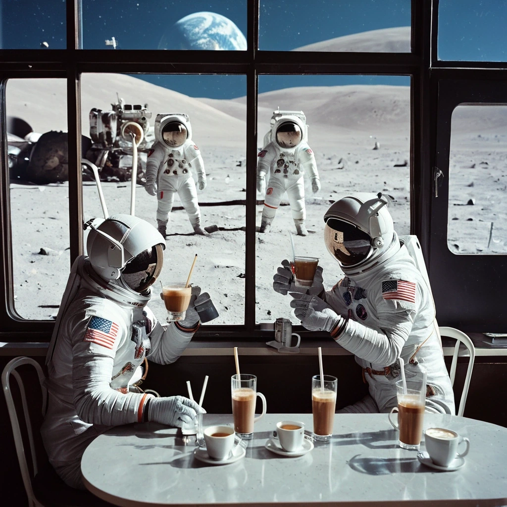 Cafe on the moon with astronauts drinking coffee…