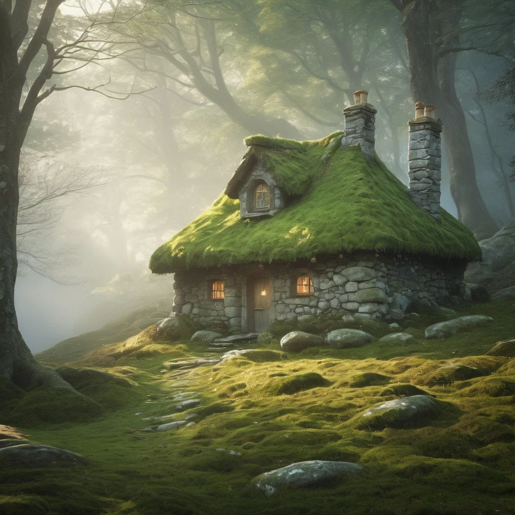 Stone cottage with a moss roof in a misty forest