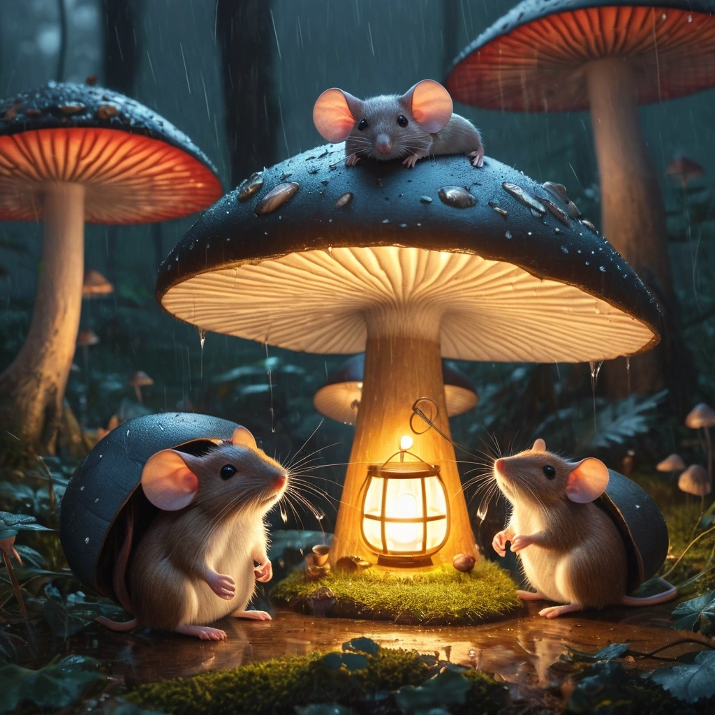 Mice sheltering from rain under a giant mushroom