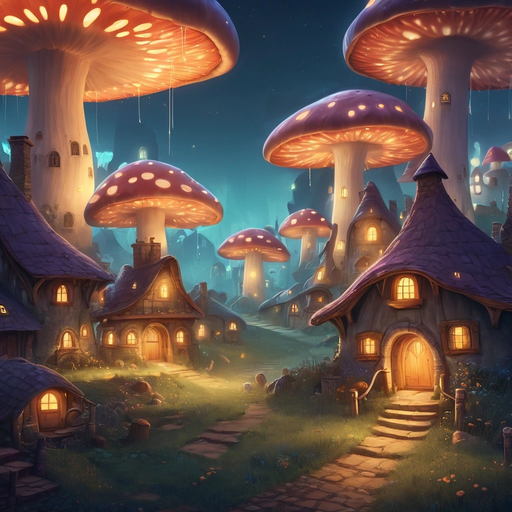 Village of houses built into giant mushrooms