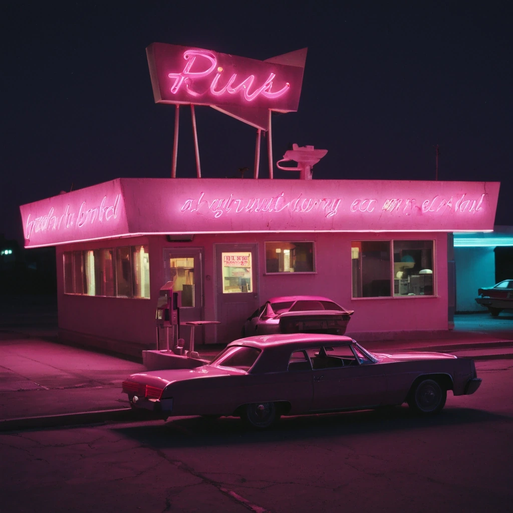 Roadside diner at night with a pink neon sign