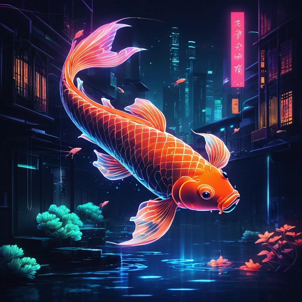 Koi fish made of neon light swimming…