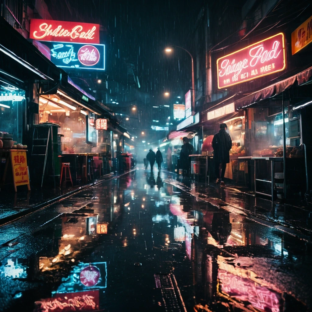 Street food market at night in the rain