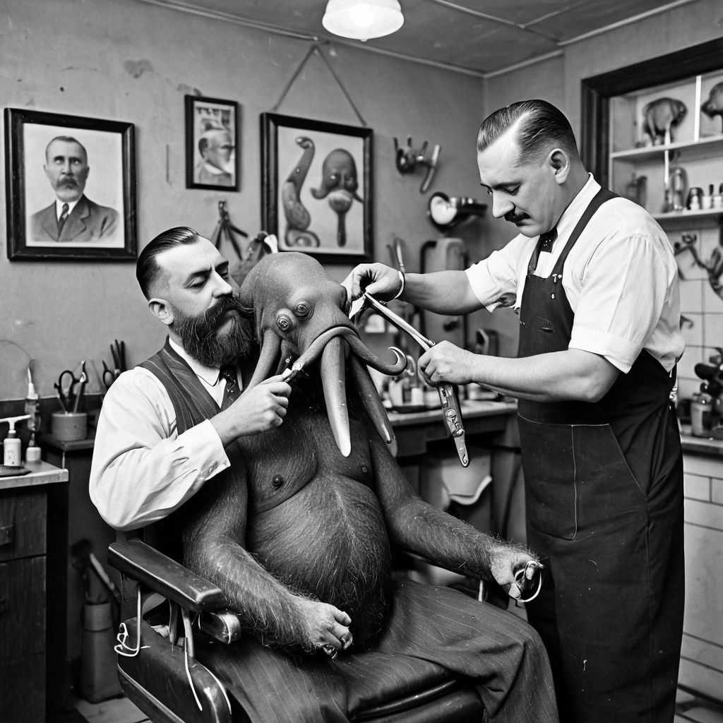 Octopus barber giving a walrus a haircut