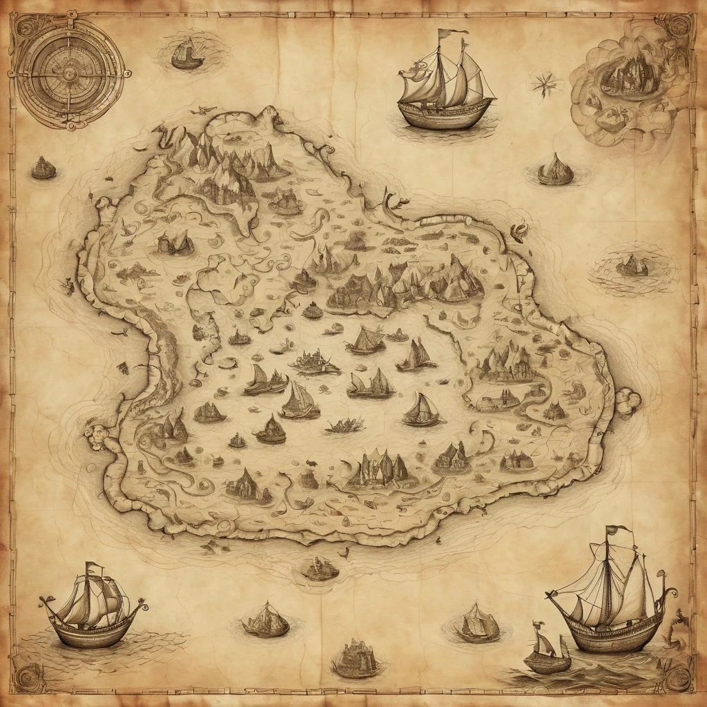Antique hand-drawn map of an imaginary island…