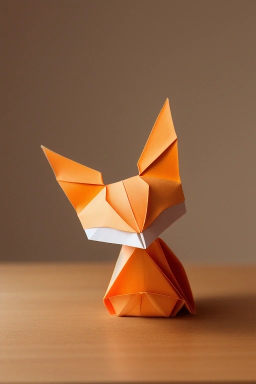 Origami fox made of orange paper on a wooden…