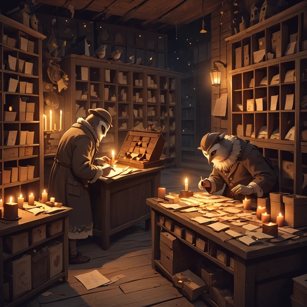 Owls sorting letters in a night post office lit…