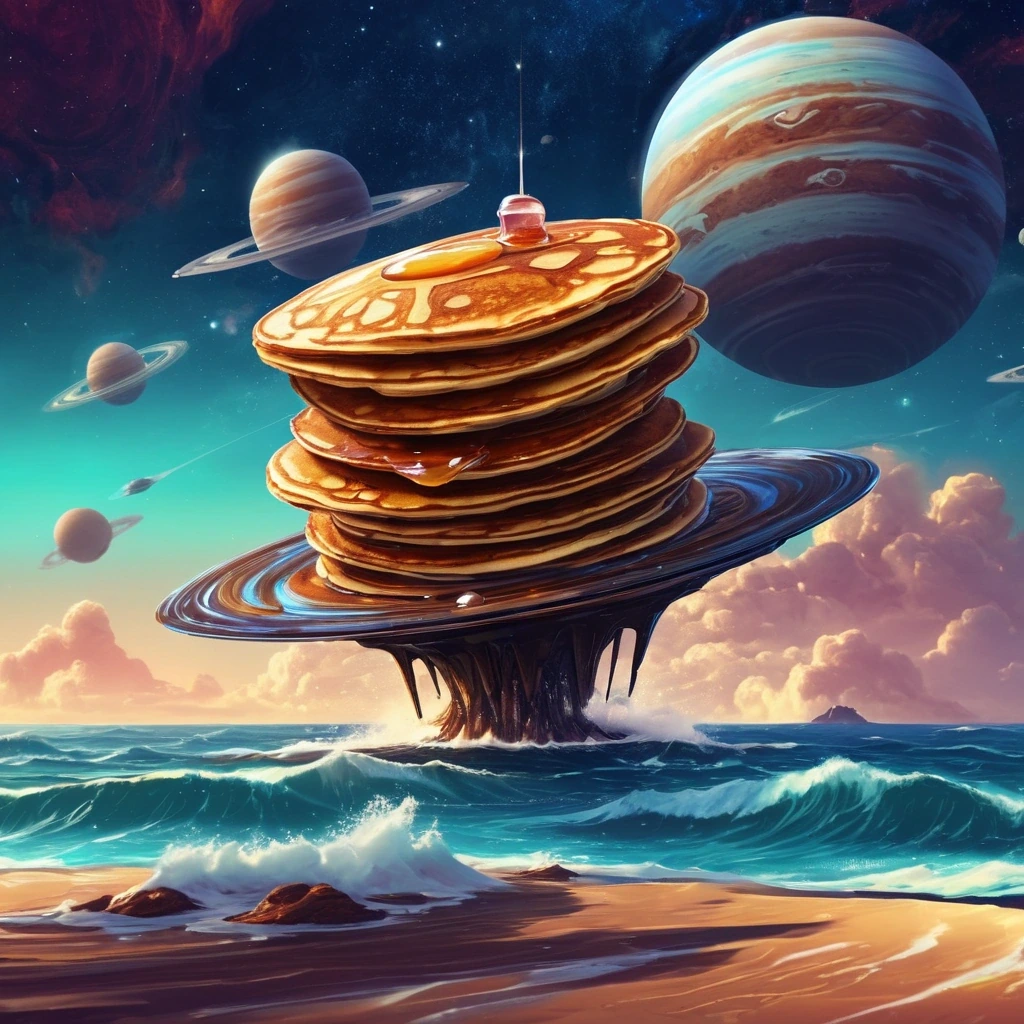 Planet made of stacked pancakes with a syrup…