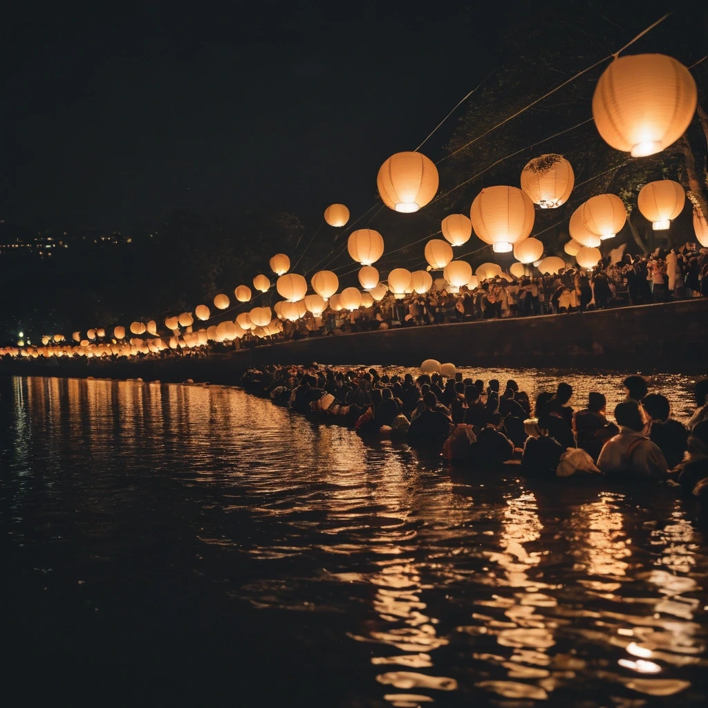 Paper lanterns rising over a river at night