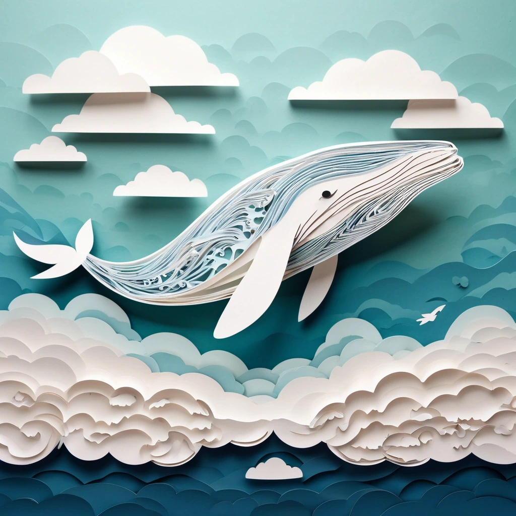 Paper-cut illustration of a whale swimming…