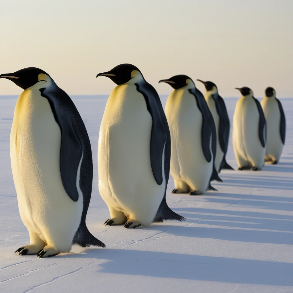 Emperor penguins walking in a line across ice