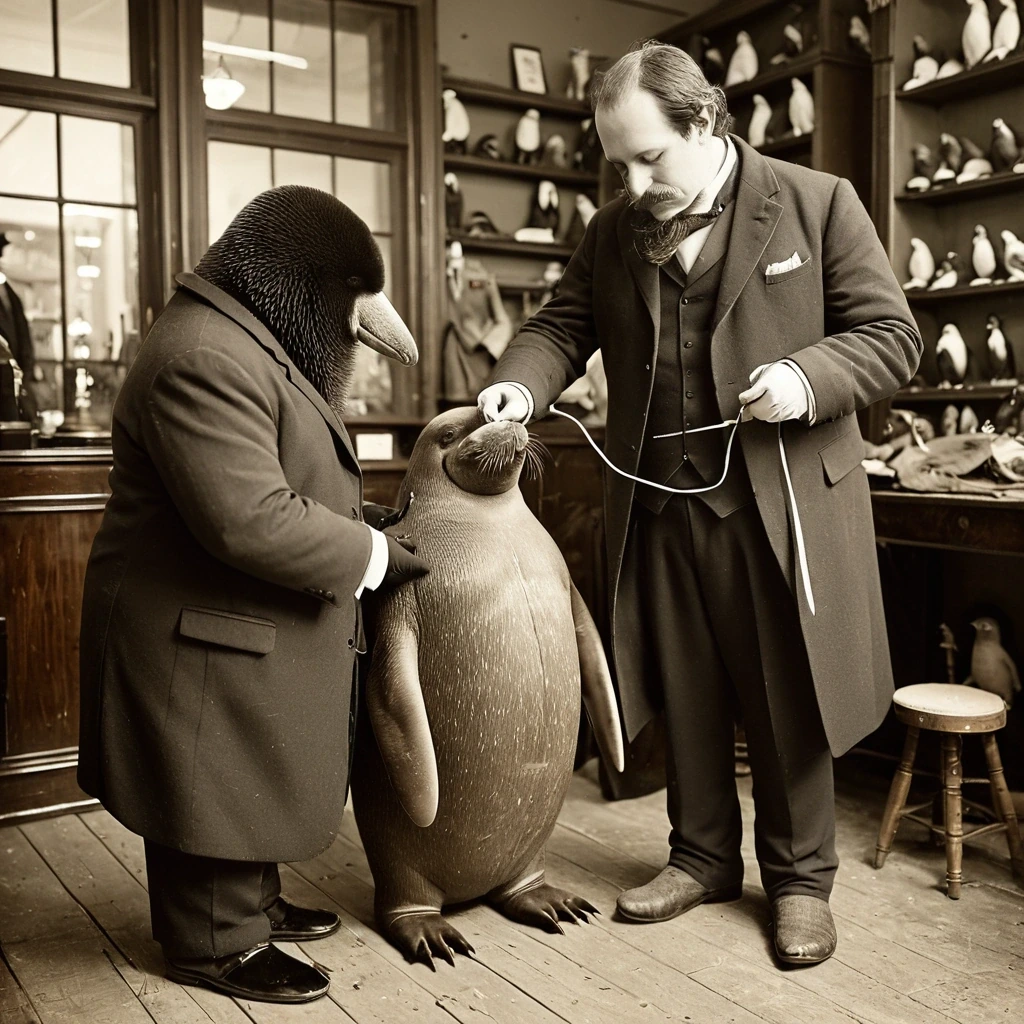 Penguin tailor measuring a walrus for a suit…