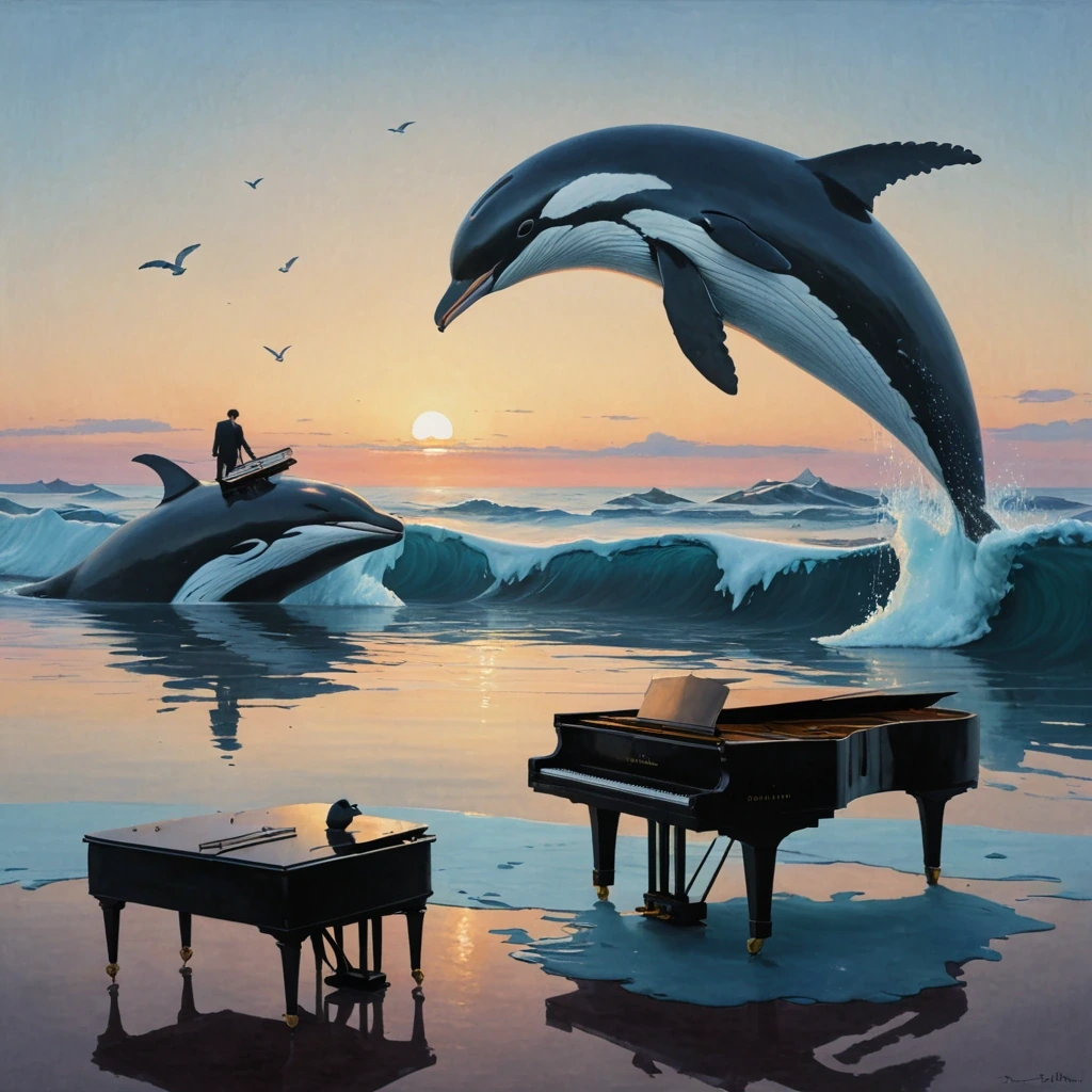 Whale surfacing with a grand piano on its back