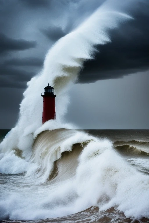 Waves crashing over a pier lighthouse