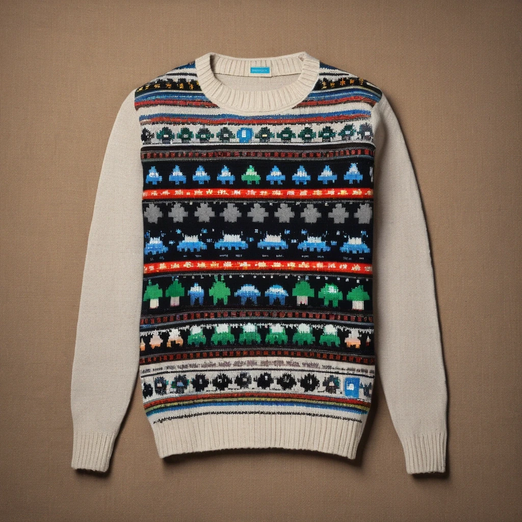 Knitted wool sweater with a pixel-art space…