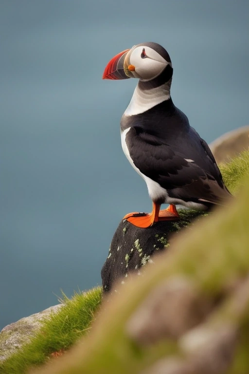 Puffin with fish in its beak on a grassy cliff