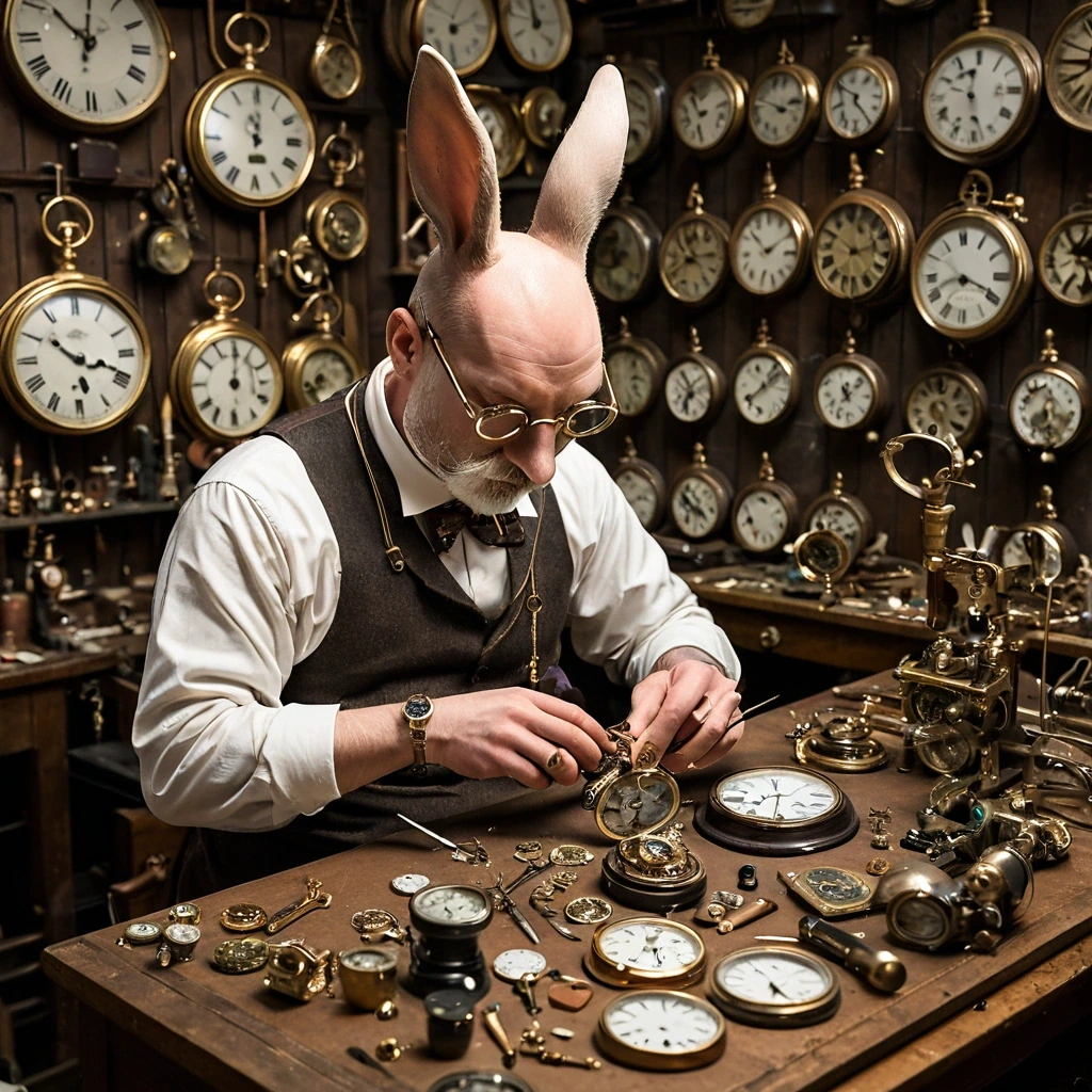 Rabbit clockmaker with a jeweller's loupe…