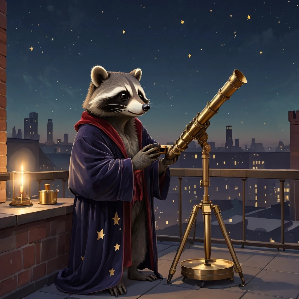 Raccoon in a velvet robe at a brass telescope…
