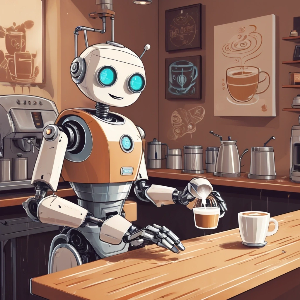 Friendly robot barista pouring latte art