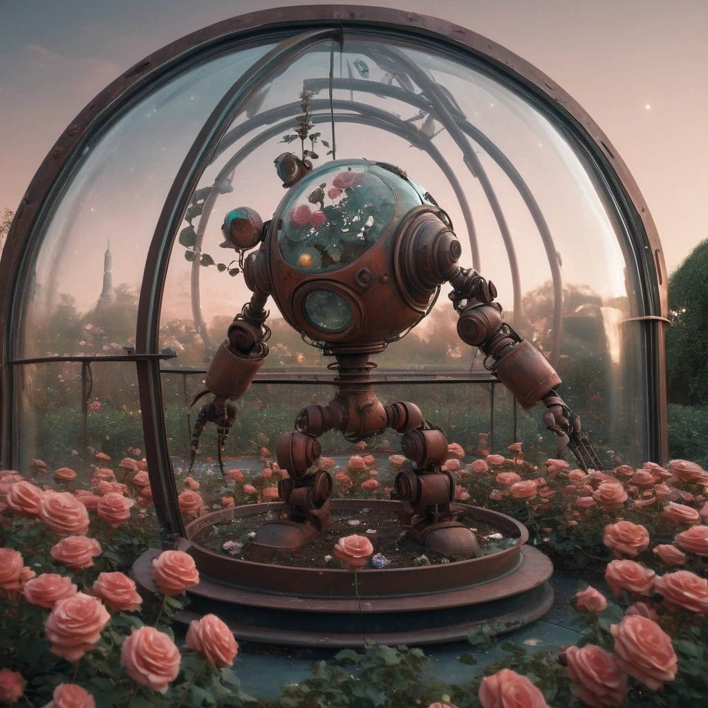 Rusty robot tending a rose garden on the moon…
