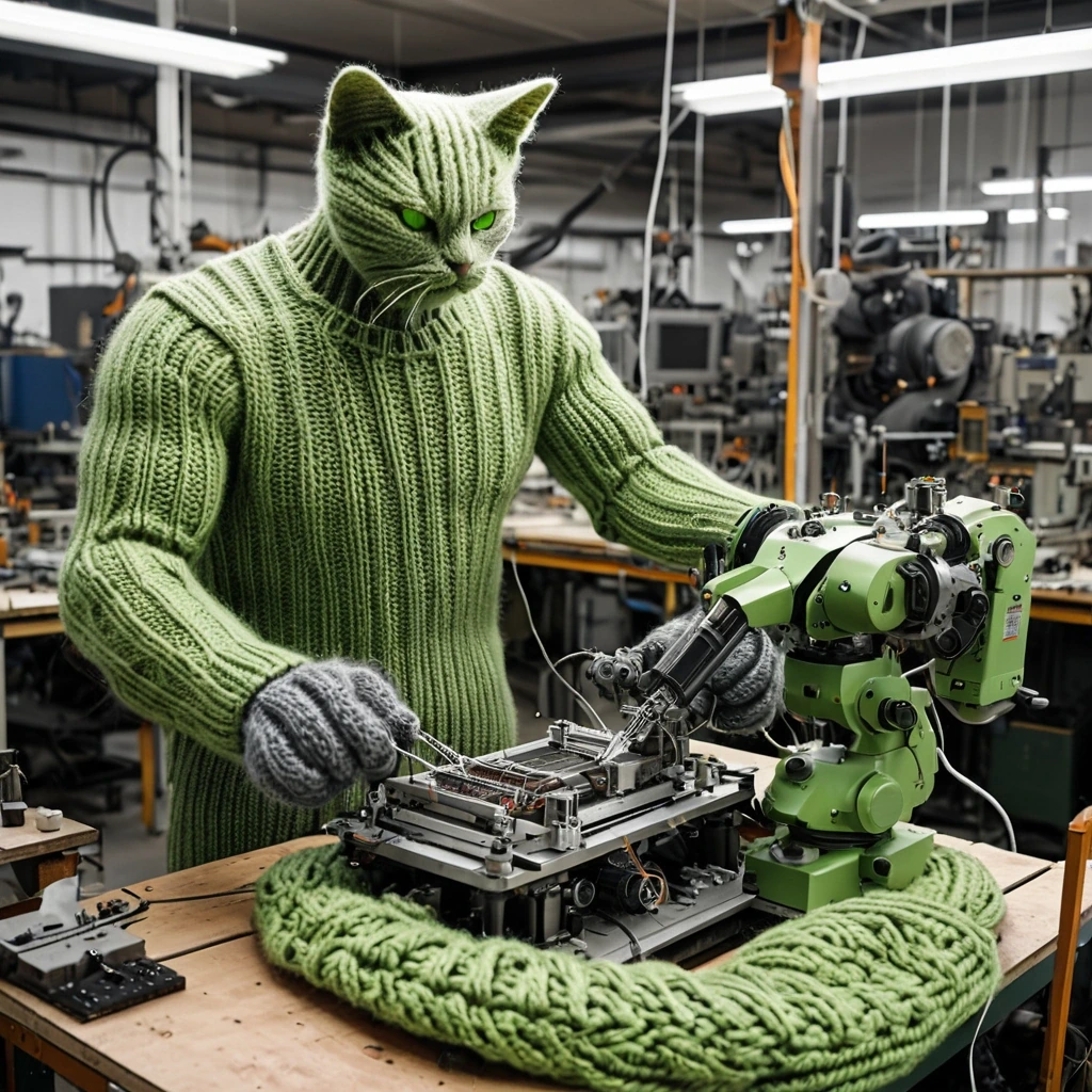 Hulking industrial robot gently knitting a tiny…