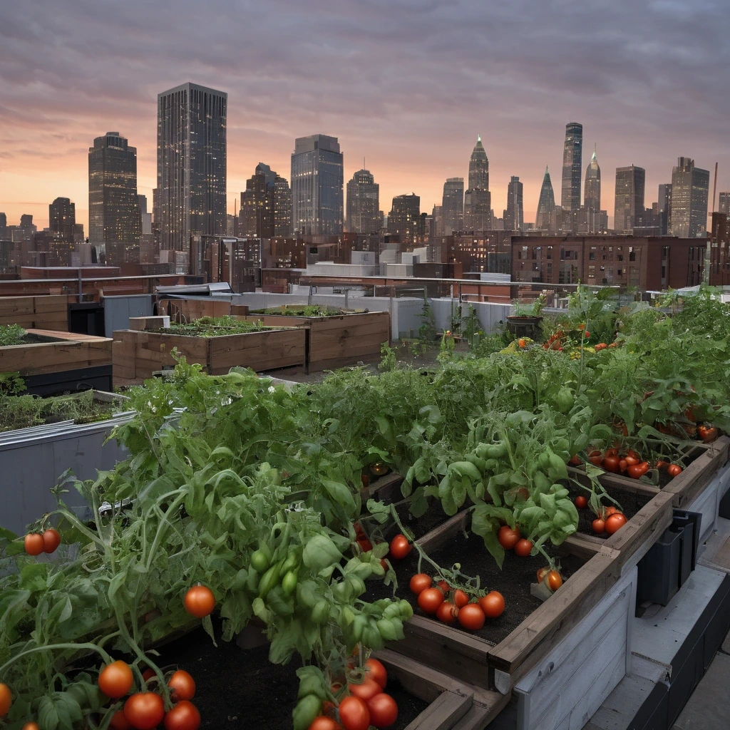 Rooftop garden with tomatoes and a city skyline…