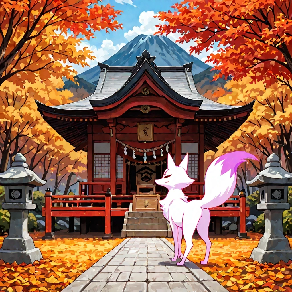 Fox spirit at a mountain shrine in autumn