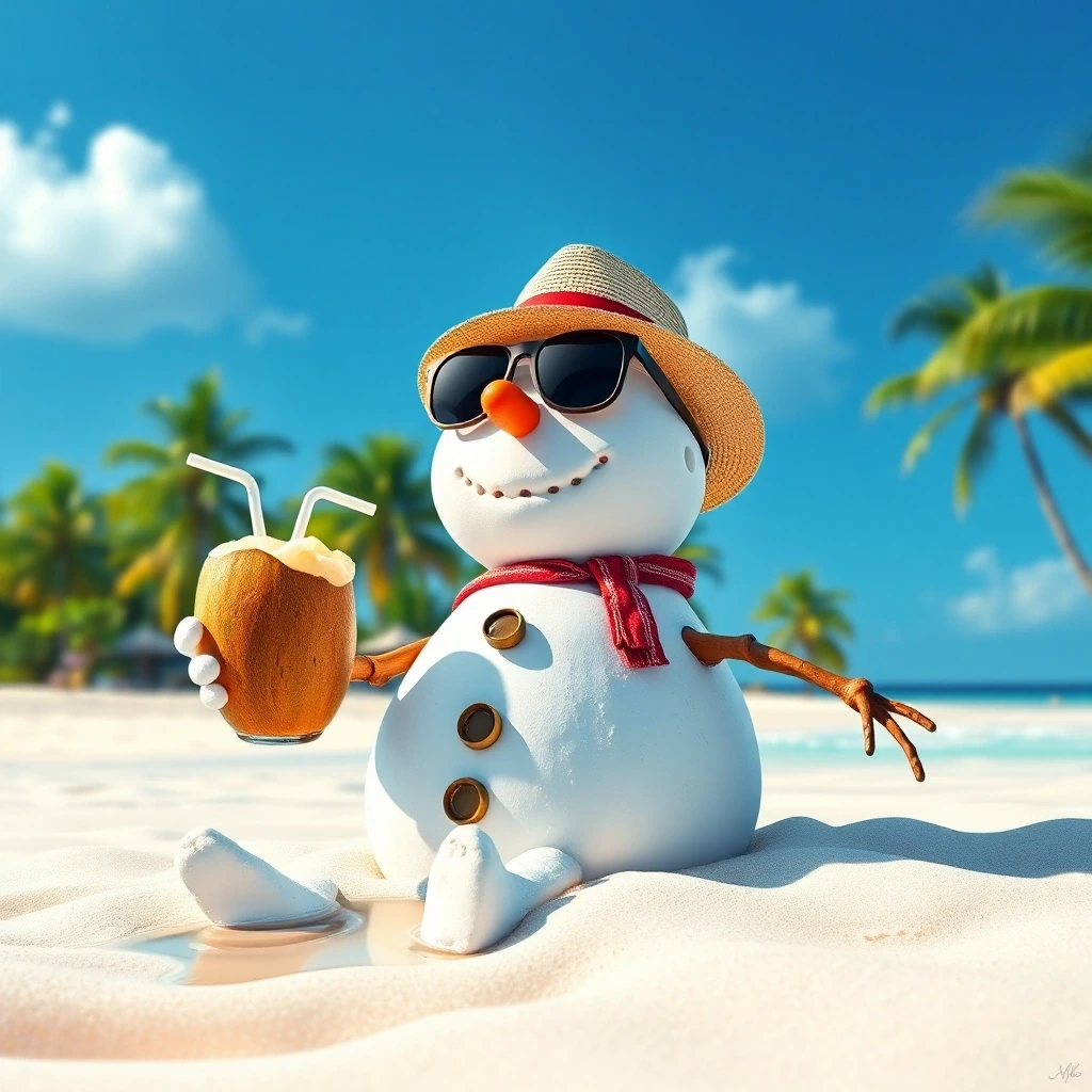 Snowman sunbathing on a tropical beach…