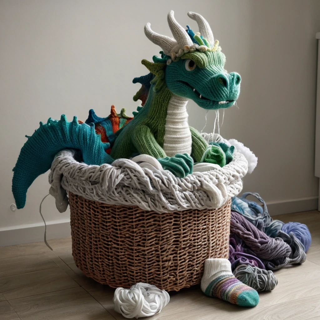 Dragon made of mismatched knitted socks curled…