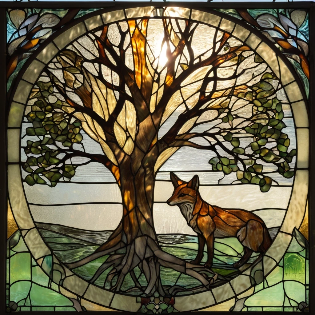 Stained glass window depicting a fox and a crow…