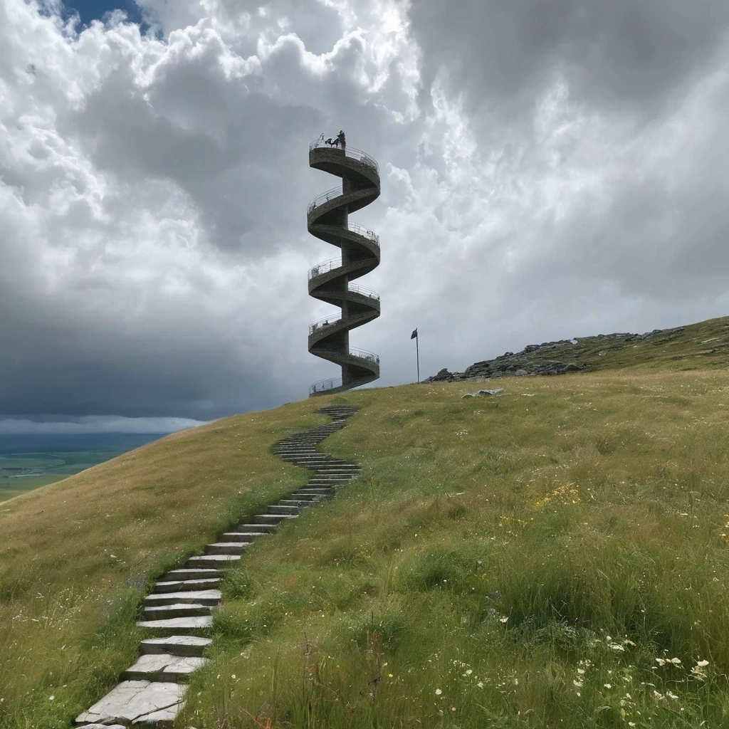 Spiral stone staircase rising from a meadow…