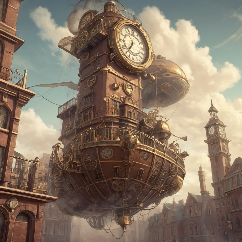 Steampunk airship docking at a clock tower