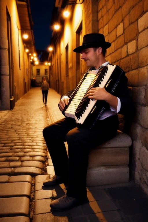 Street musician playing accordion in a cobbled…