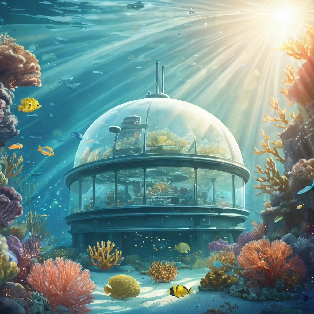Glass-domed submarine passing a coral garden
