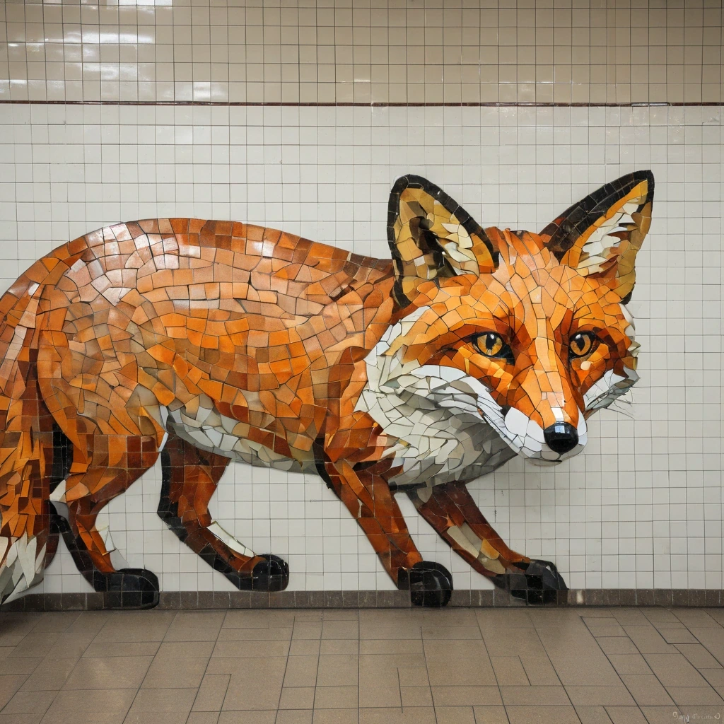 Mosaic mural of a fox in a subway station