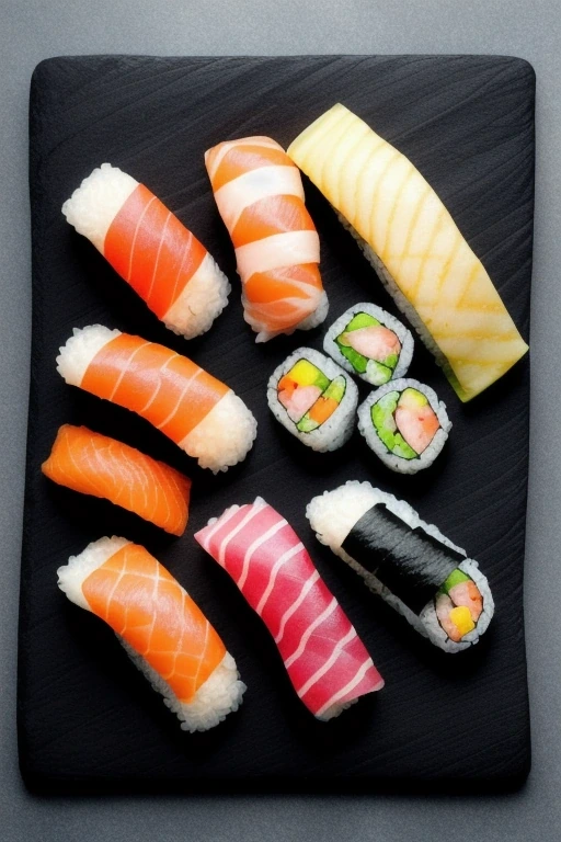 Assorted sushi platter on black slate