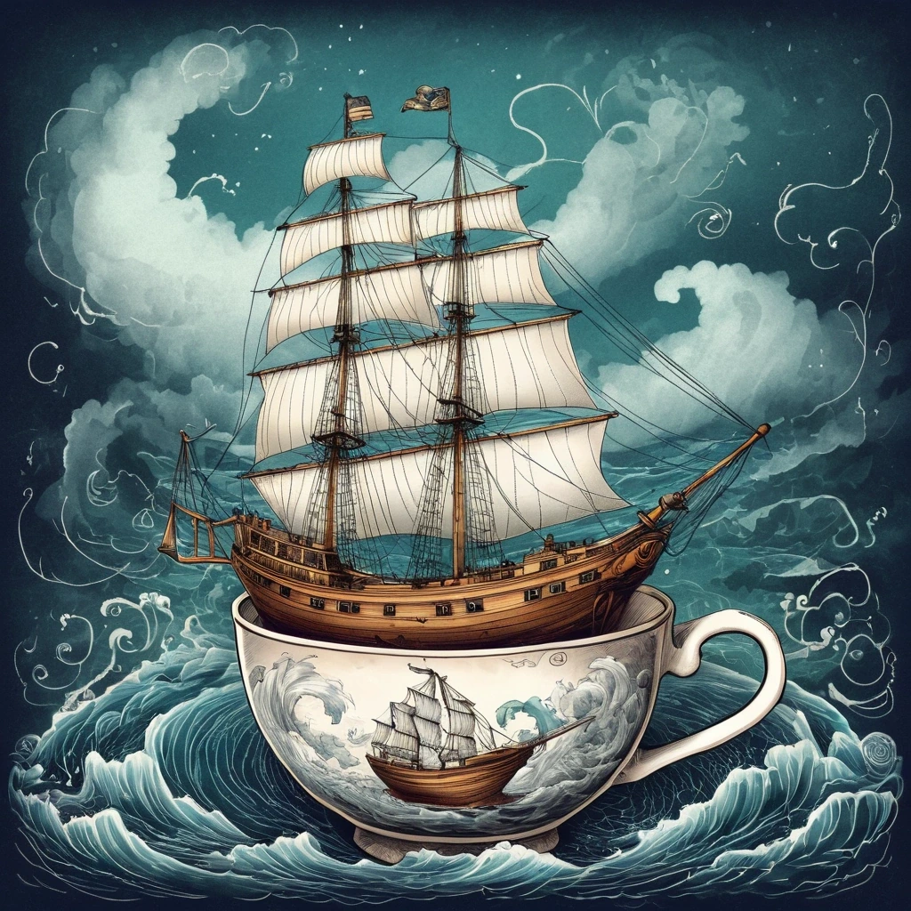 Tiny sailing ship in a teacup during a storm