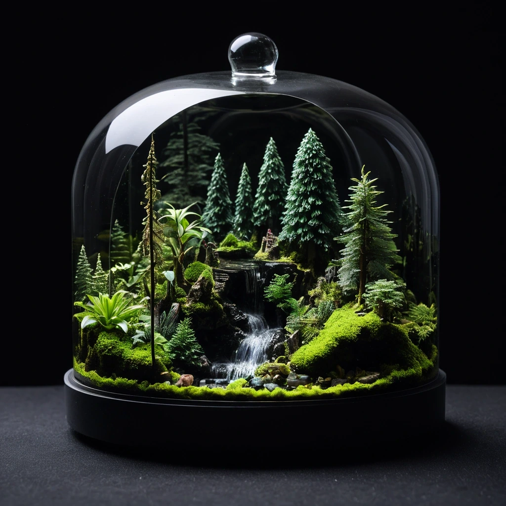 Glass terrarium containing a miniature forest…
