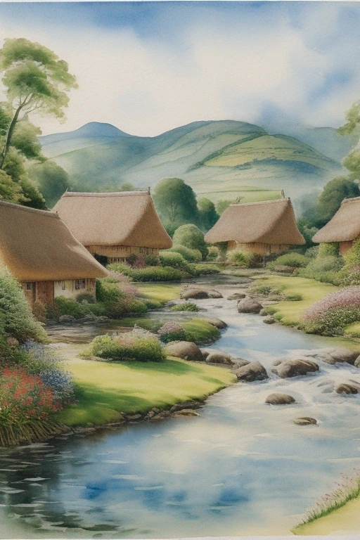 Thatched village by a river in summer