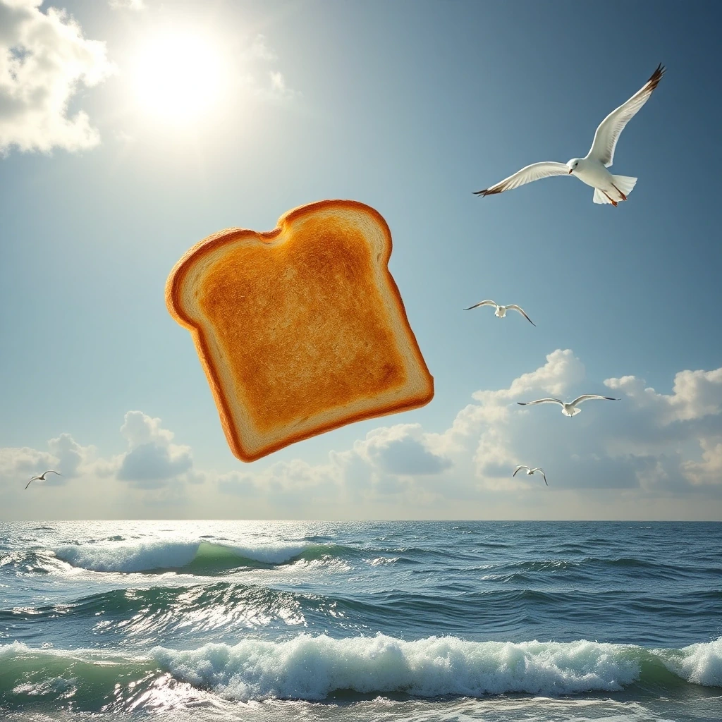 Slice of toast rising over the sea like the sun