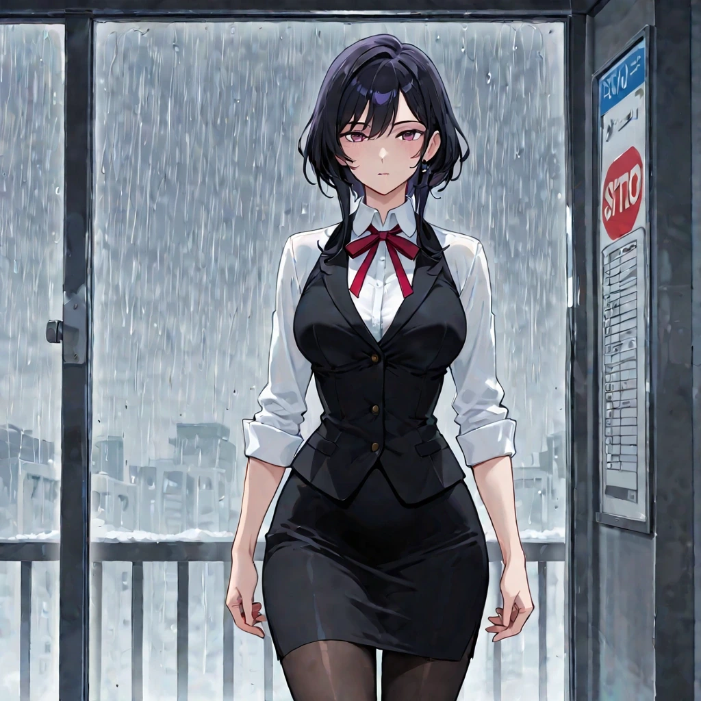 Girl waiting at a rainy tram stop