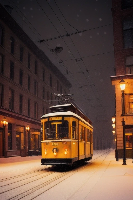 Vintage yellow tram in a snowy city street…