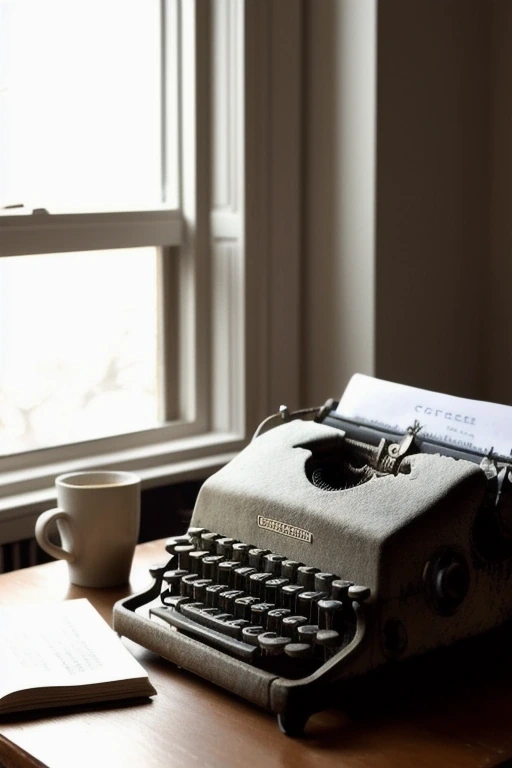 Old typewriter on a desk with a cup of coffee…
