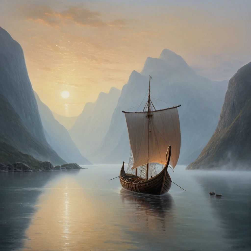 Viking longship in a fjord at dawn