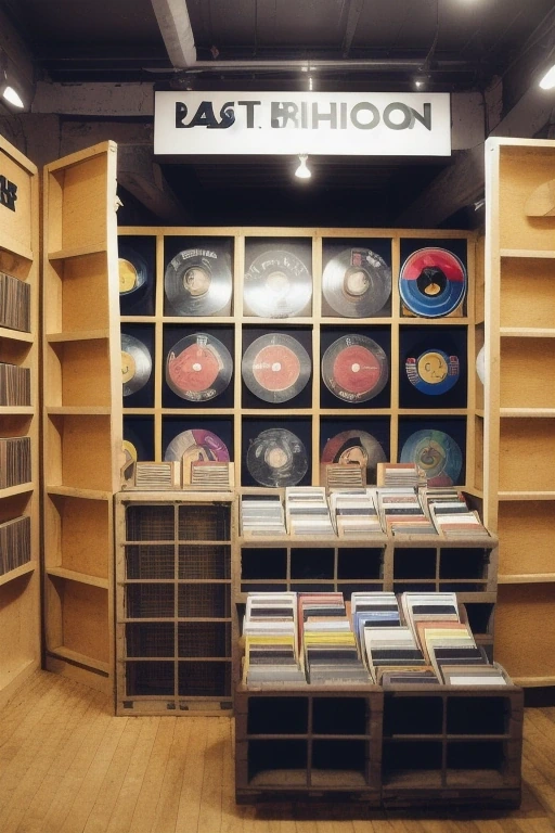 Record shop interior with crates of vinyl…