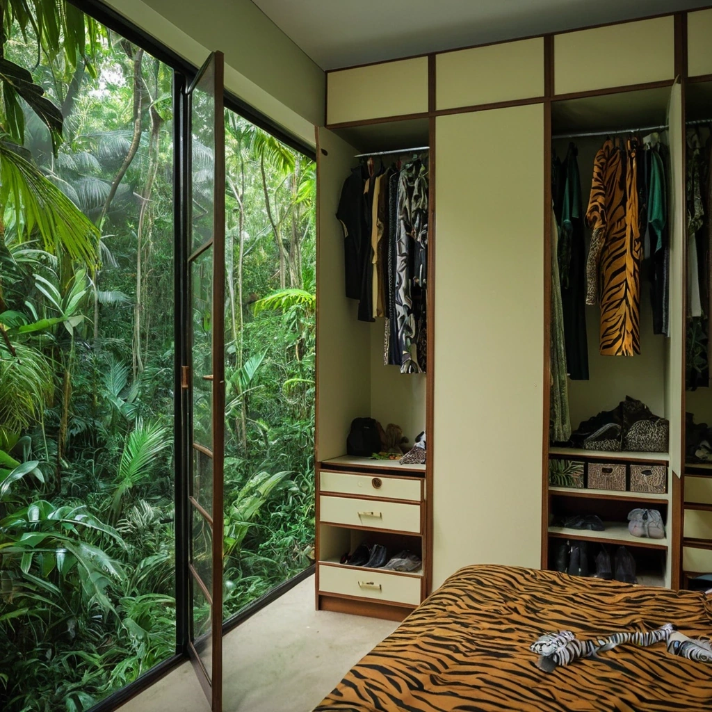 Wardrobe opening onto a jungle with a tiger…