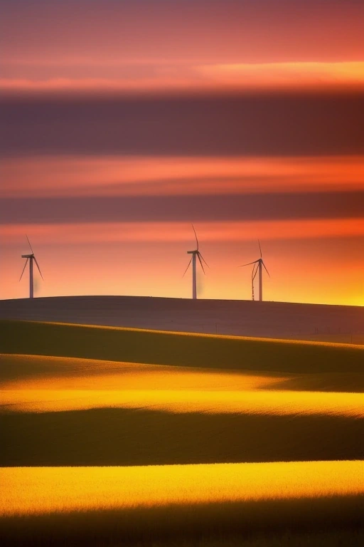Wind turbines on rolling hills at sunset